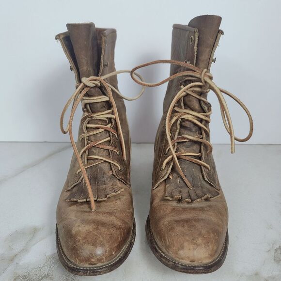 VTG Justin Men\'s L576 Light Brown Leather Lace Up Western Boots, Sz 8 main image 4